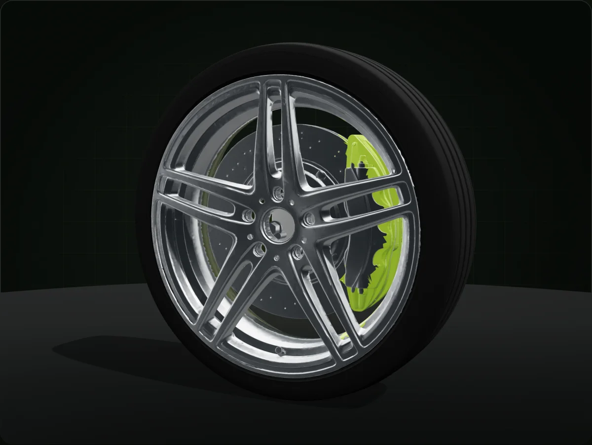 Automotive-Konfigurator: Premium-Felge mit Reifen, gebohrter Bremsscheibe und Bremssattel – Felgenoberfläche und Sattelfarbe wählbar, aufklappbar bis zu Nabe, Radlager und Achszapfen