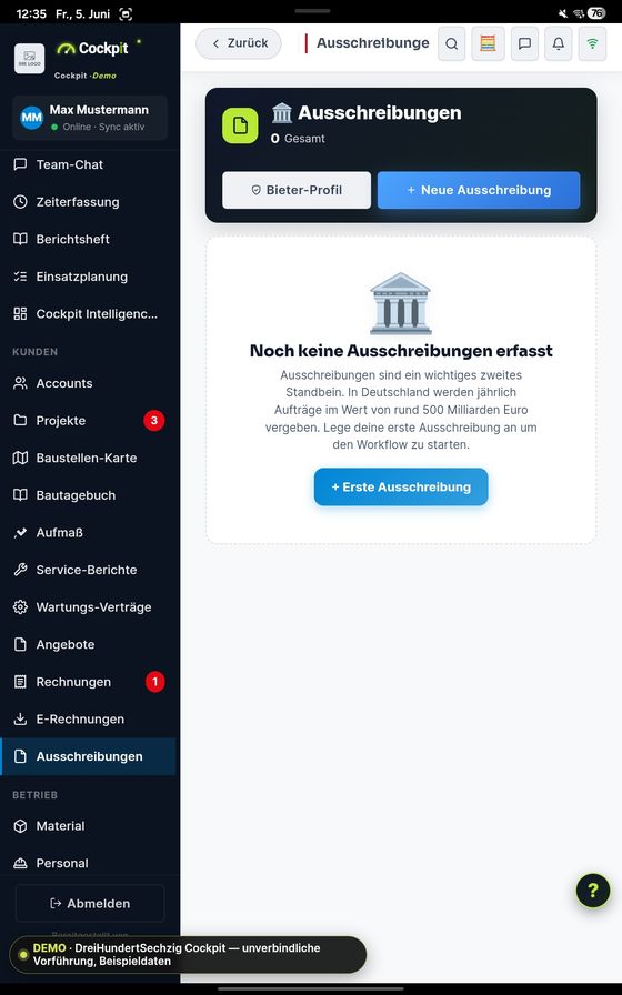 ProfiSuite - Handwerk Ausschreibungen — echter App-Screenshot
