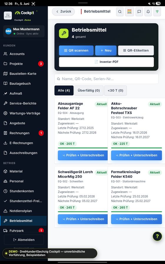ProfiSuite - Handwerk Betriebsmittel — echter App-Screenshot