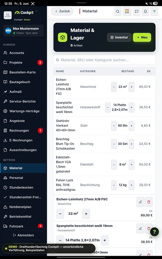 ProfiSuite - Handwerk Material & Lager — echter App-Screenshot