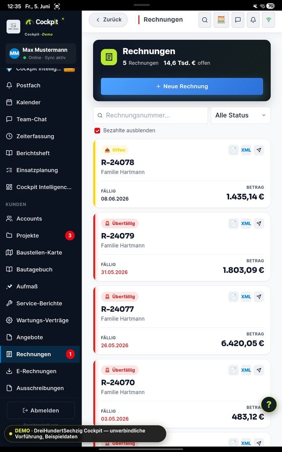 Cockpit Rechnungen — echter App-Screenshot