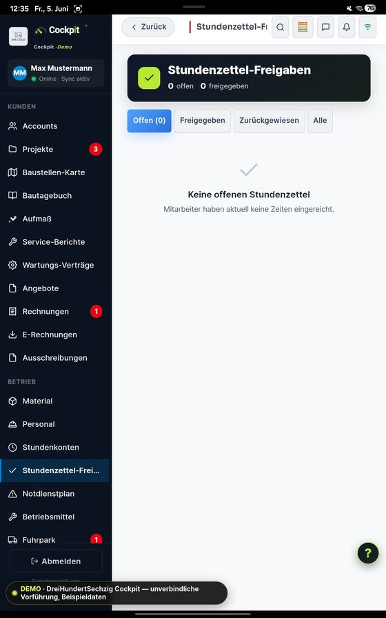 ProfiSuite - Handwerk Stundenzettel-Freigaben — echter App-Screenshot