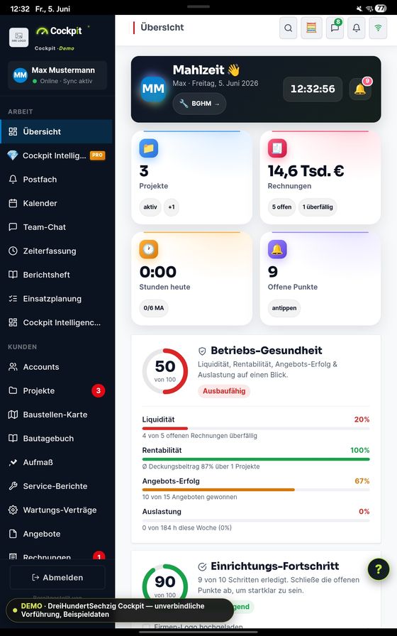 Cockpit Übersicht — echter App-Screenshot mit Tagesüberblick