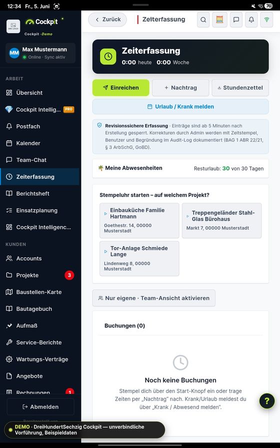 ProfiSuite - Handwerk Zeiterfassung — echter App-Screenshot