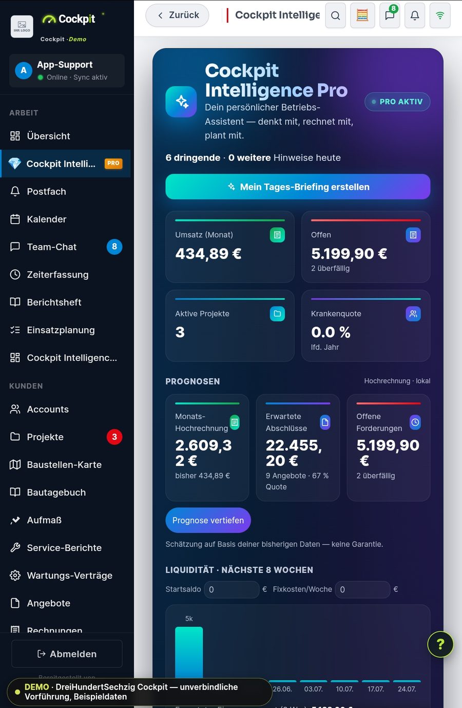 Cockpit Intelligence Pro — KI-Assistent mit Umsatz, Prognosen und Liquiditätsvorschau