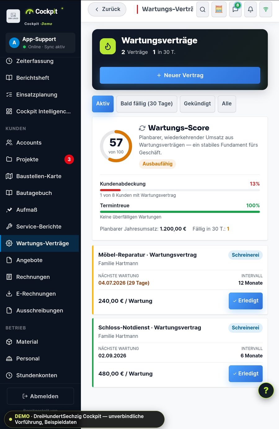 Cockpit Wartungsverträge mit Wartungs-Score, Kundenabdeckung und planbarem Jahresumsatz