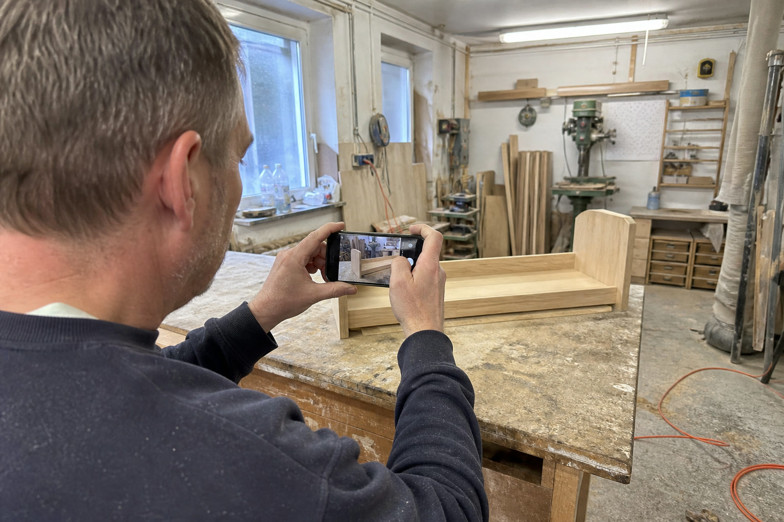 KI-generierte Reportageszene: Ein Handwerker fotografiert ein fertiges Werkstück für die Content Engine