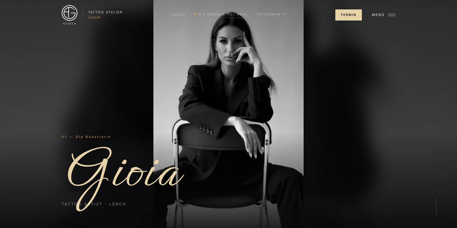 GIOIA.INK Website — heutiger Zustand: Editorial-Startseite mit Porträt und Gioia-Schriftzug