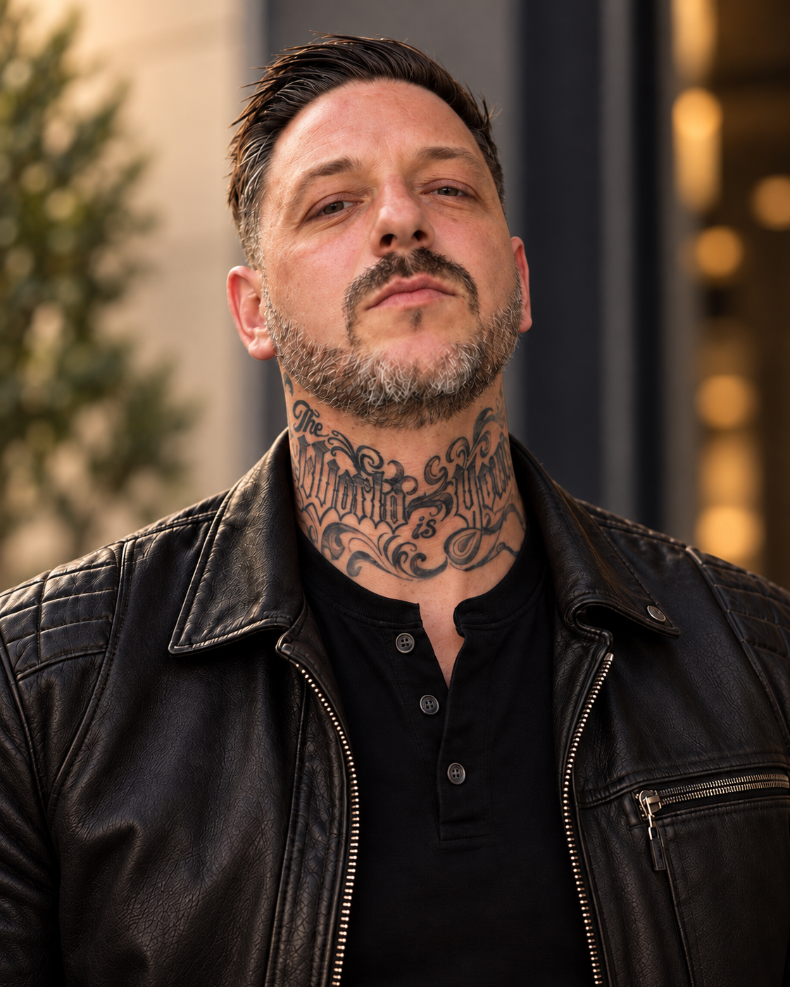 Kevin Stumpf in schwarzer Lederjacke, mit seinem unveränderten Hals-Tattoo
