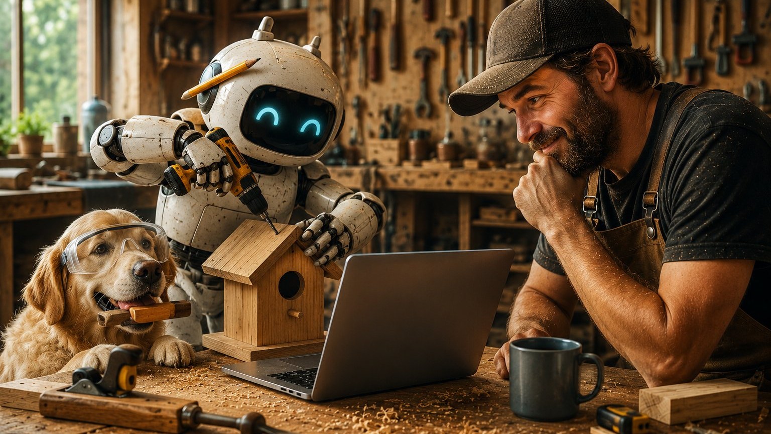 Handwerker schaut auf Laptop, KI-Roboter hilft beim Bau eines Vogelhauses, Golden Retriever mit Schutzbrille als treuer Geselle
