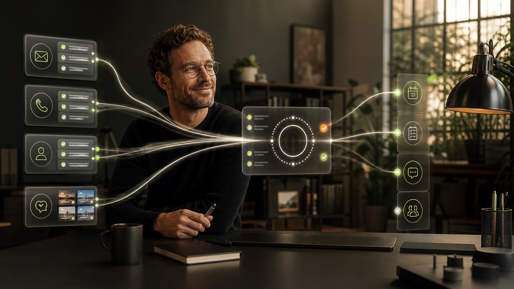Ein Unternehmer steuert digitale Agenten für Anfragen, Telefon, CRM und Content in einer gemeinsamen Arbeitszentrale