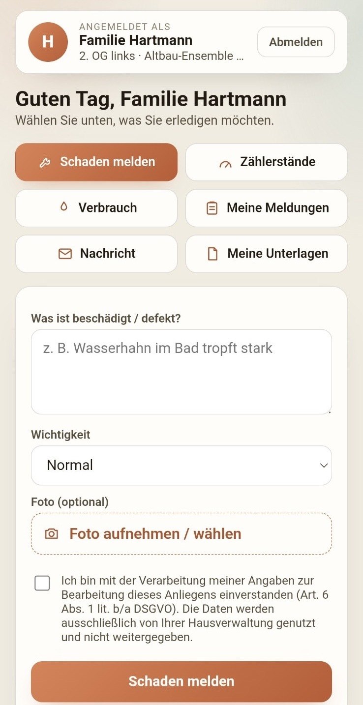 ProfiSuite-Immo: Mieter-Portal — Schaden melden, Zählerstände, Unterlagen