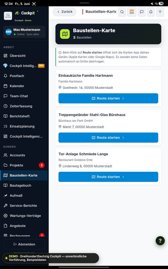 ProfiSuite Baustellen-Karte — echter App-Screenshot