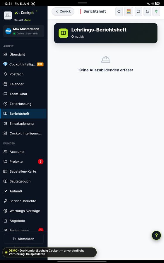ProfiSuite Lehrlings-Berichtsheft — echter App-Screenshot