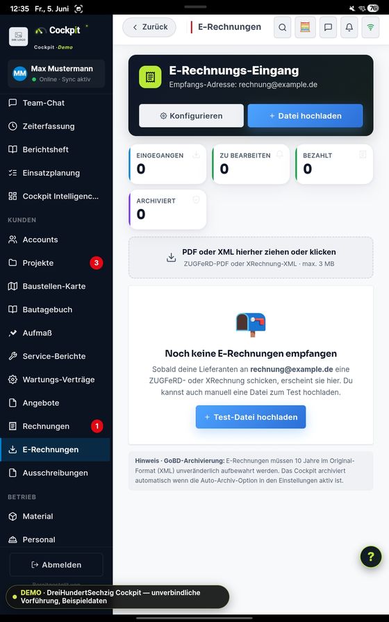 ProfiSuite E-Rechnungs-Eingang — echter App-Screenshot