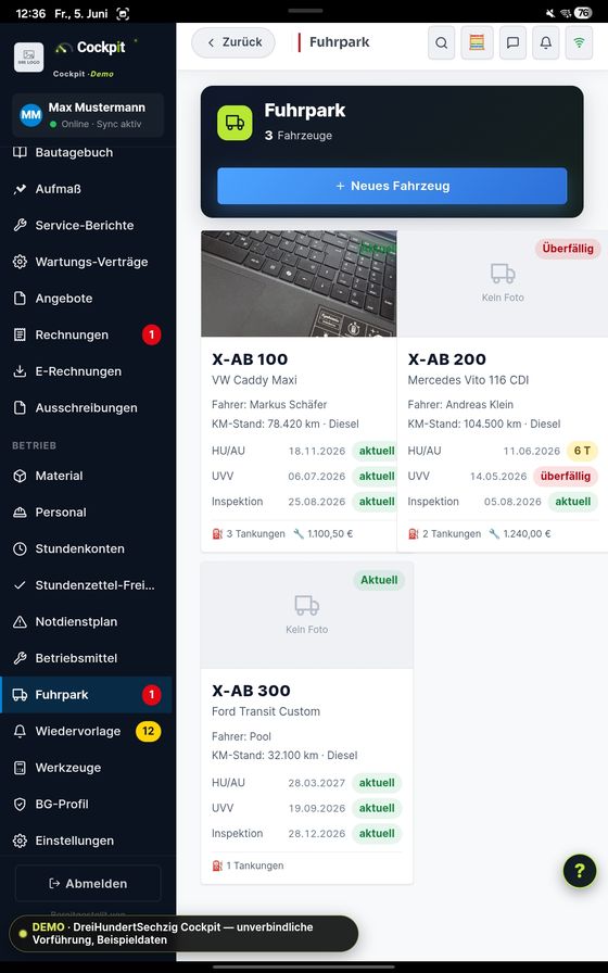 ProfiSuite Fuhrpark — echter App-Screenshot