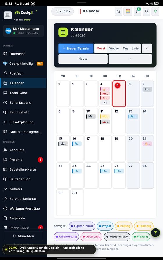 ProfiSuite Kalender — echter App-Screenshot