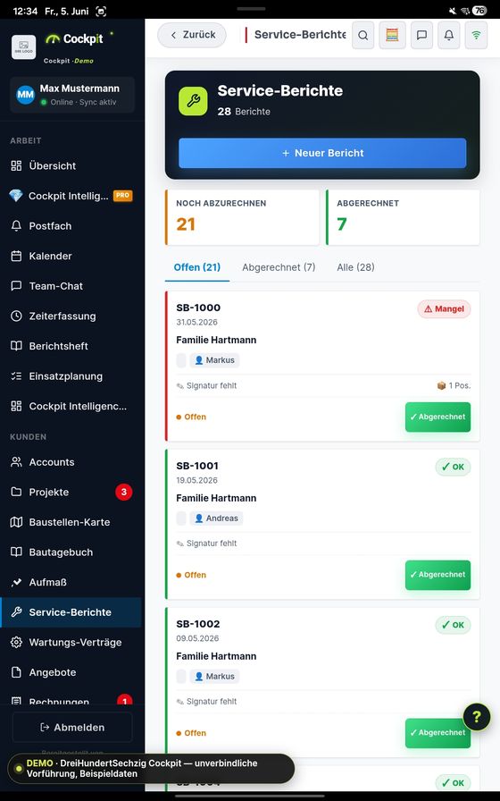 ProfiSuite Service-Berichte — echter App-Screenshot