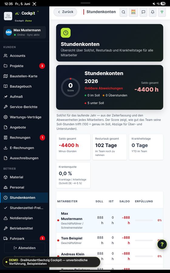ProfiSuite Stundenkonten — echter App-Screenshot