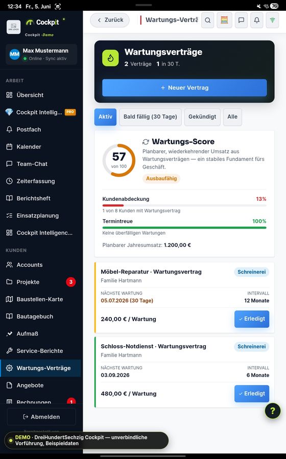 ProfiSuite Wartungsverträge — echter App-Screenshot