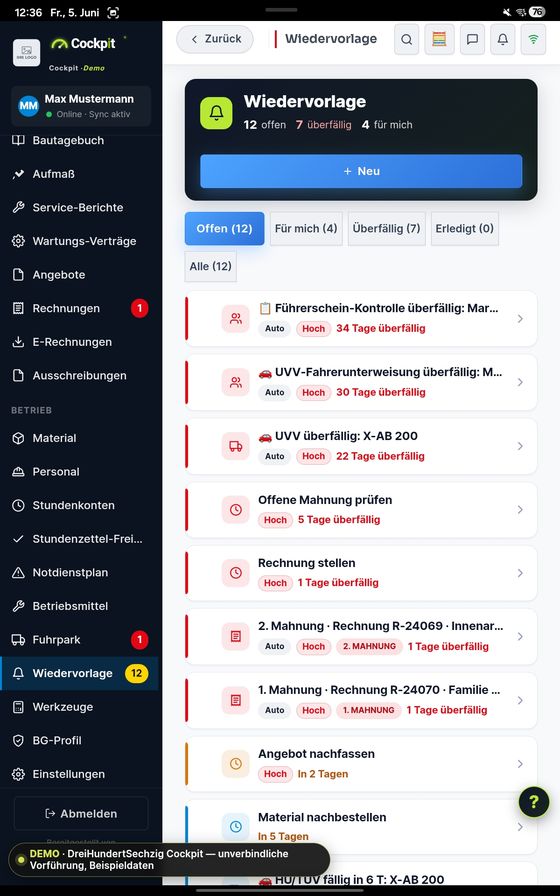 ProfiSuite Wiedervorlage — echter App-Screenshot