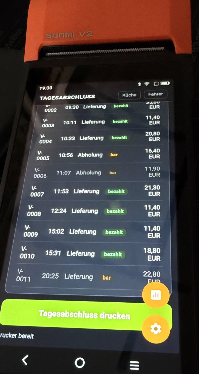 Tagesliste aller Bestellungen auf dem Kassengerät mit Uhrzeit, Lieferung oder Abholung, Zahlstatus und Betrag