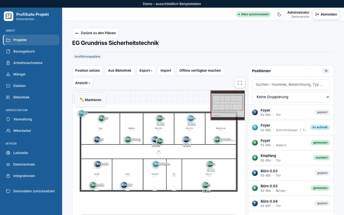 ProfiSuite Projekt: Grundriss mit gesetzten Positionen und Statusliste im Planeditor, Demoversion mit Beispieldaten