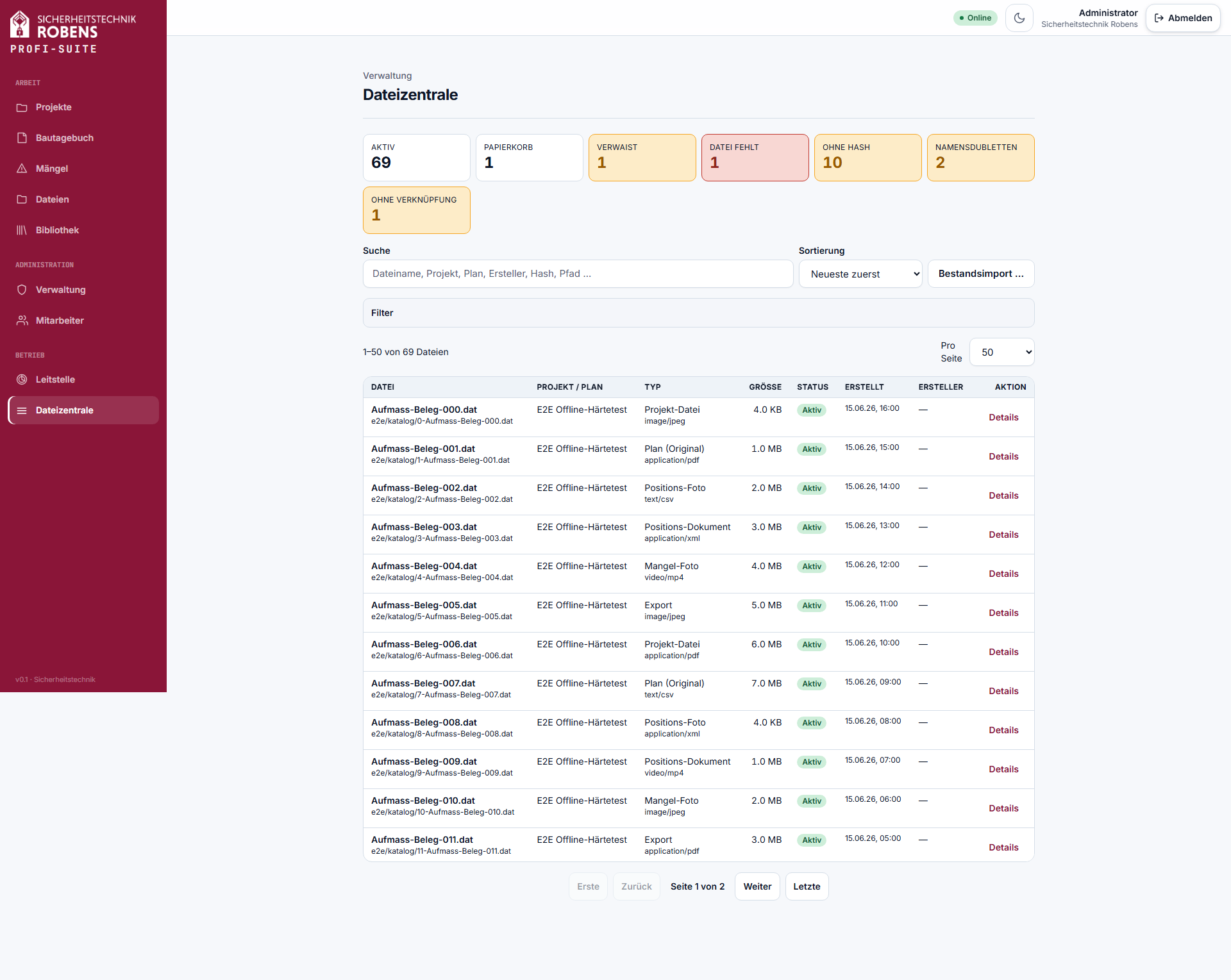 SITEBOOK — Dateizentrale mit 69 Dateien, Suche, Filter und Statusanzeige
