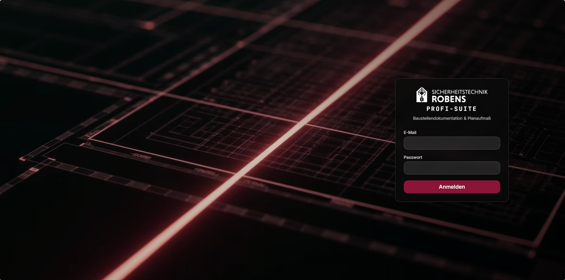 SITEBOOK — Login-Screen mit 3D-Grundriss und Robens-Branding