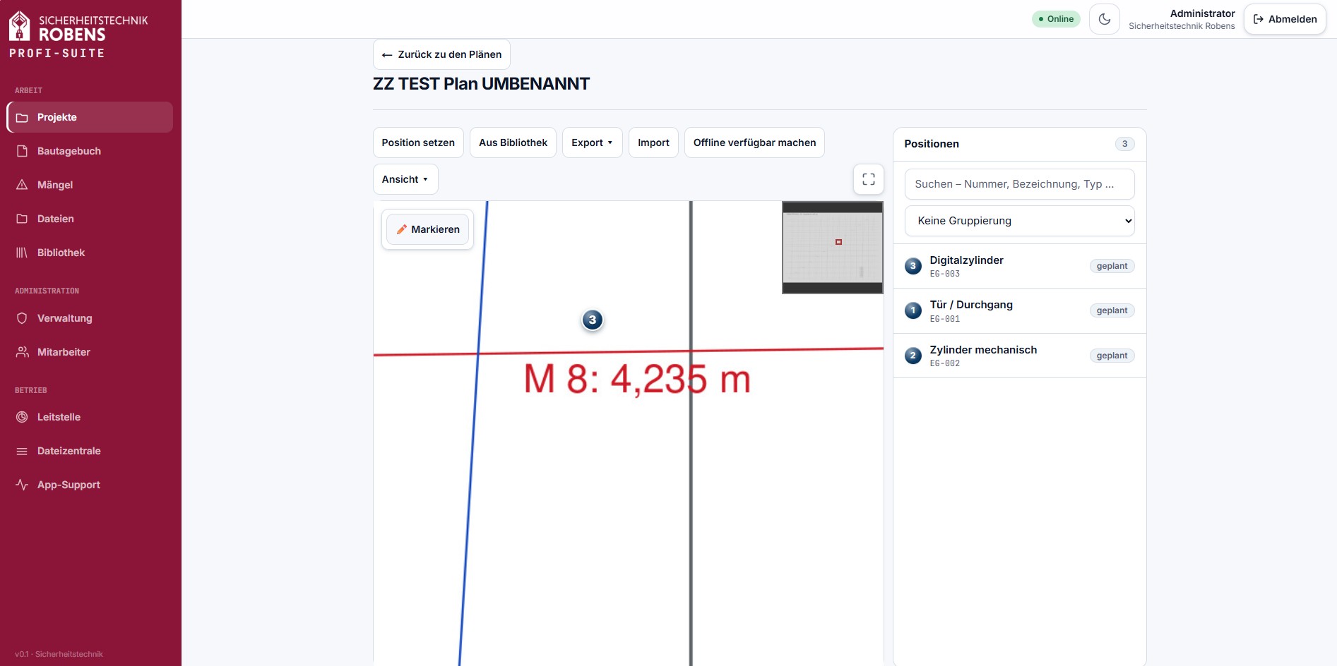 SITEBOOK — Planeditor Detailansicht mit Messfunktion und Positionsmarkierung