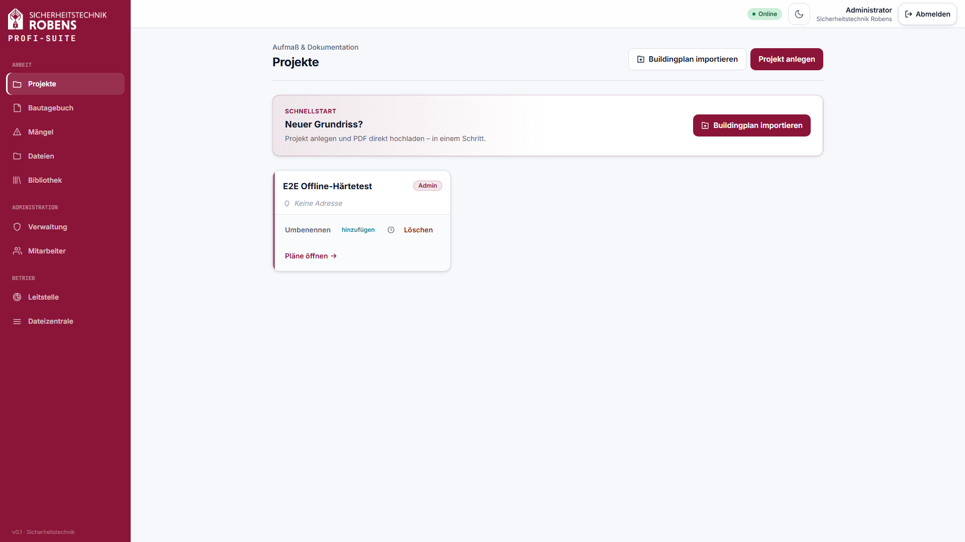 SITEBOOK — Projektübersicht mit Schnellstart und Buildingplan-Import