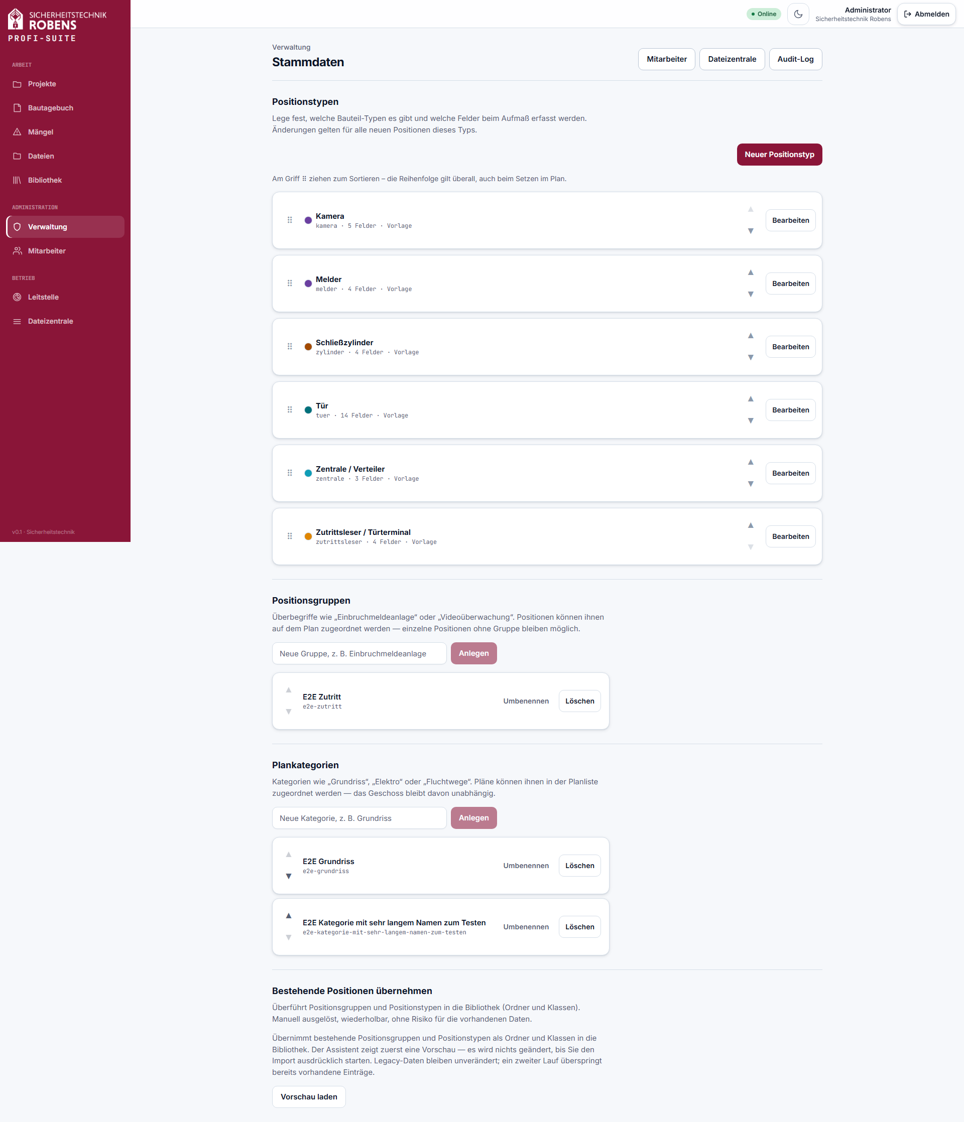 SITEBOOK — Verwaltung mit Positionstypen, Gruppen und Plankategorien