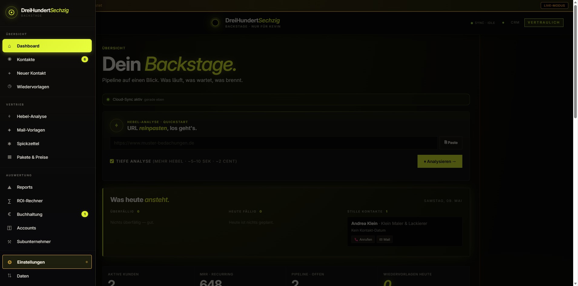 CRM Dashboard mit Pipeline, Wiedervorlagen und MRR
