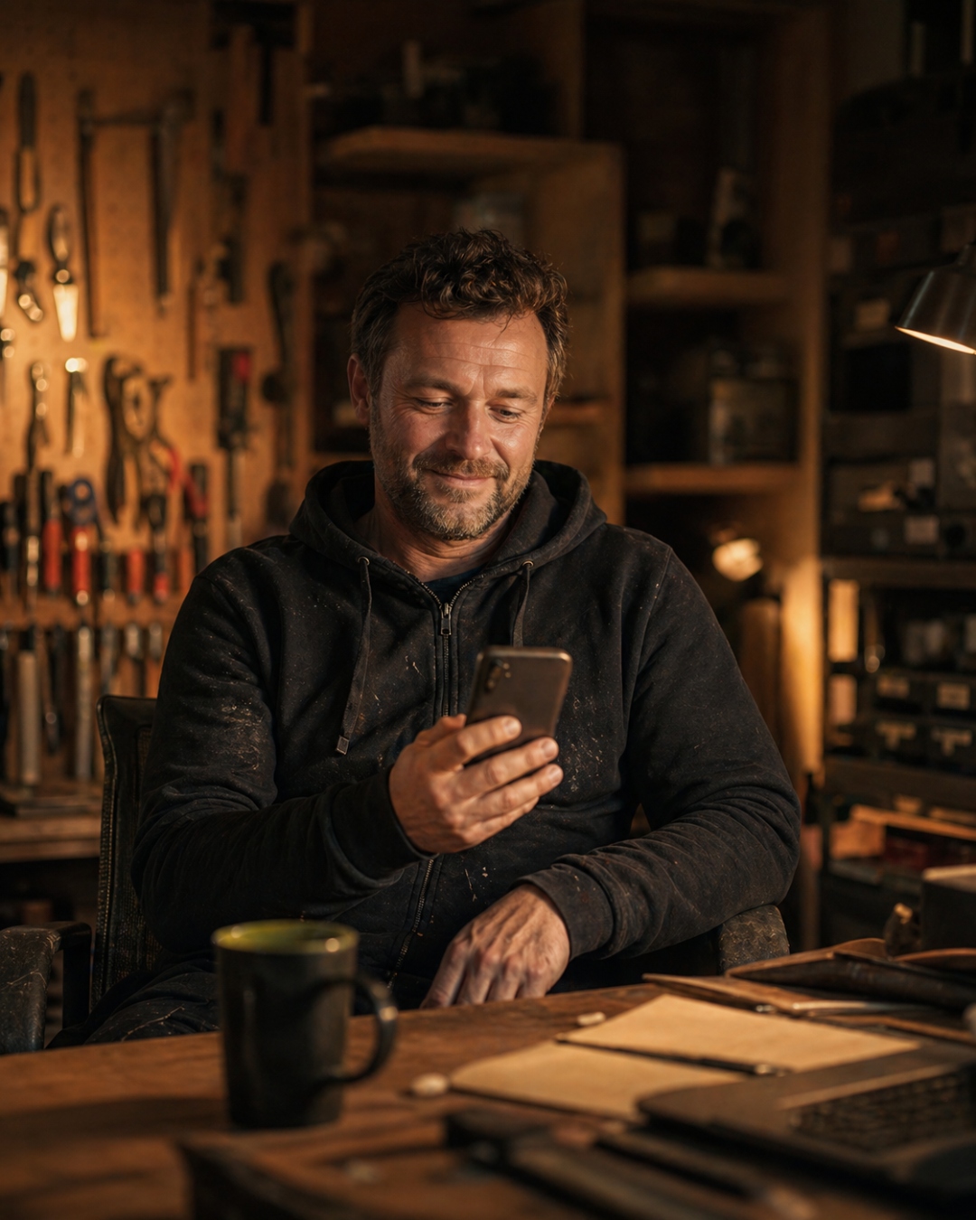 Handwerker empfängt Anfrage per Smartphone