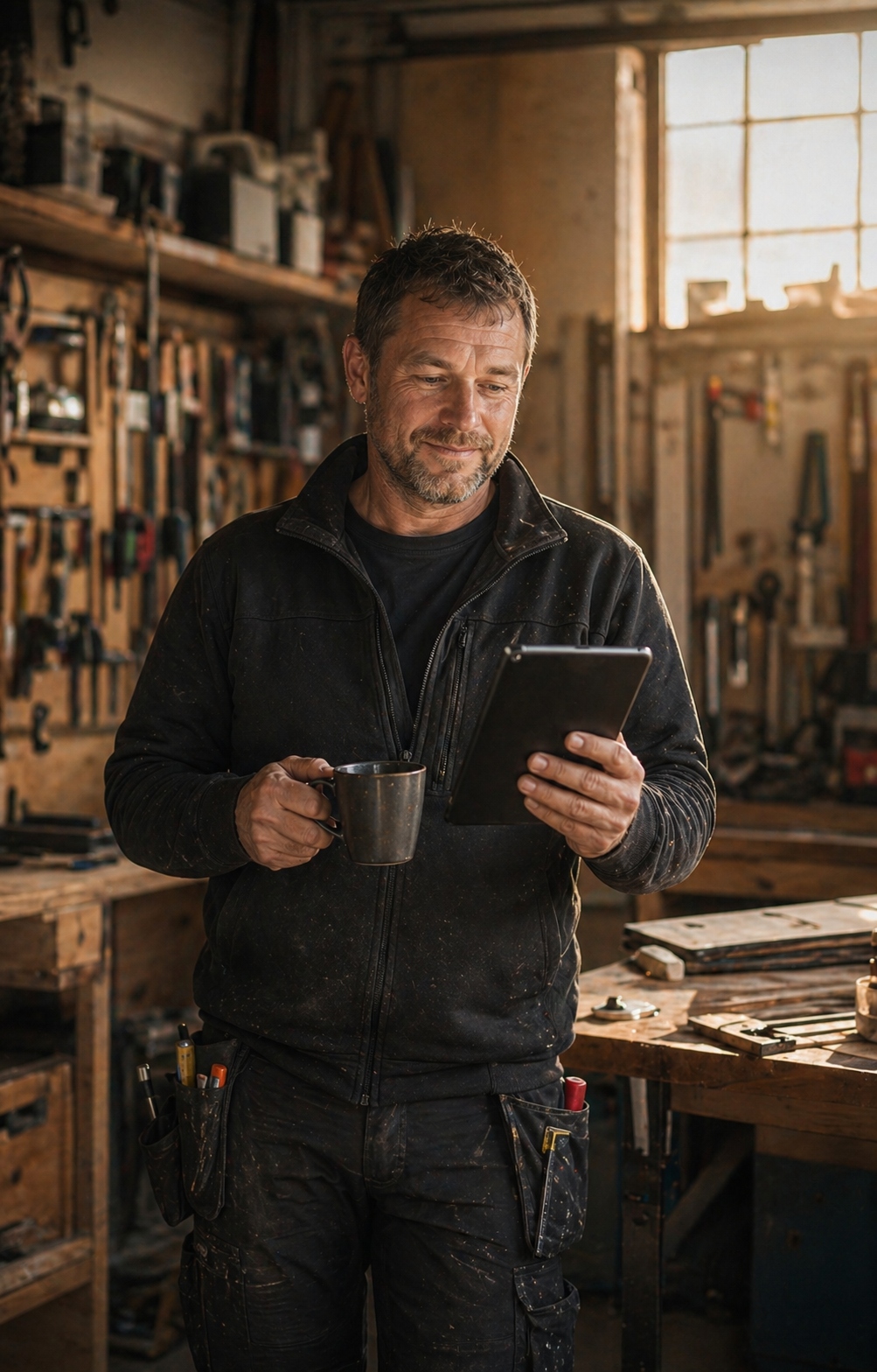 Handwerker mit Tablet in Werkstatt