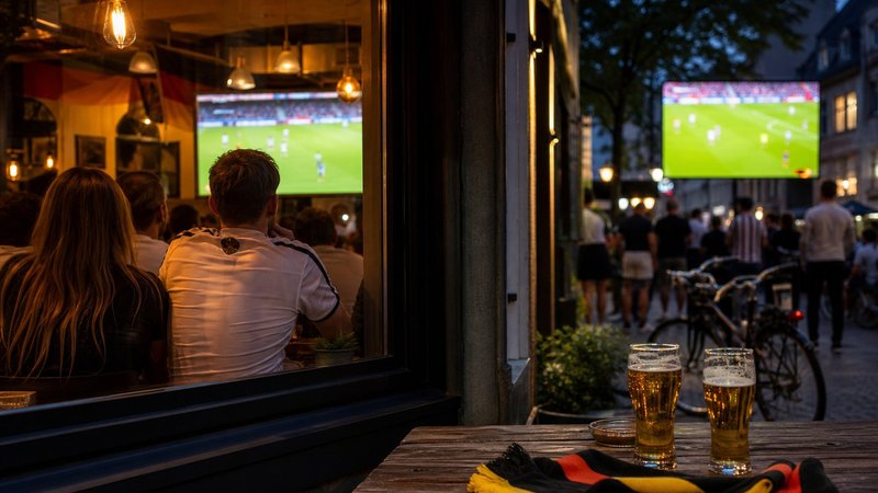 Gemütliche Bar beim Public Viewing zur WM 2026 — zwei Bier und Fanschal am Fenster, drinnen läuft das Spiel