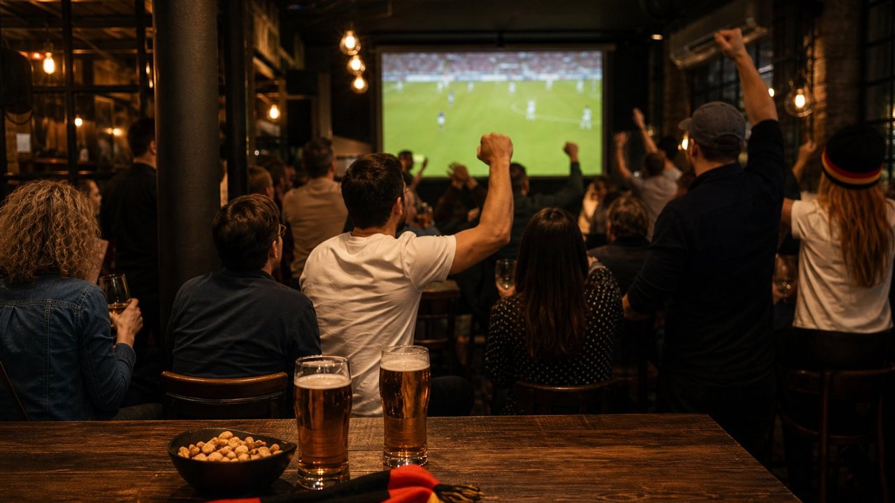 Volle Bar beim Public Viewing — Gäste jubeln vor der Leinwand beim Fußballspiel, Sinnbild für mehr Gäste im Betrieb zur WM 2026