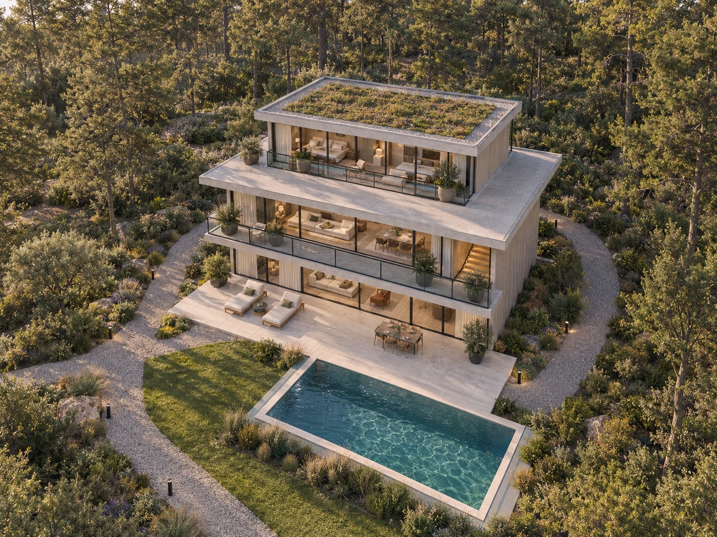 KI-Entwurf: Blick von oben auf das Haus, seine Terrassen, den Pool und das bewaldete Grundstück